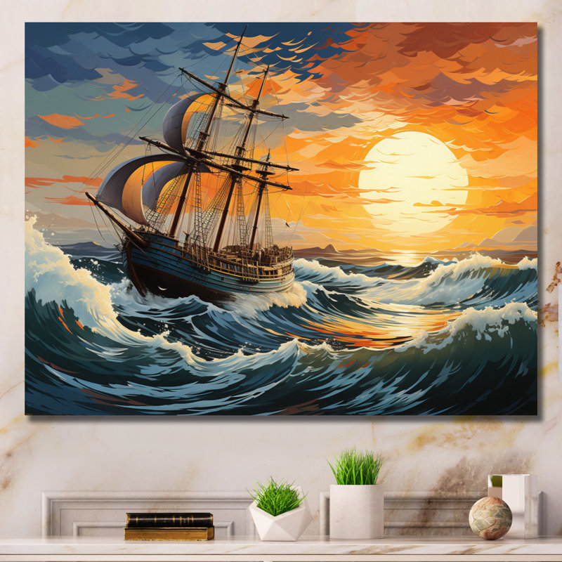 Tempête énergétique de bateau orange et bleu sarcelle I - impression, H 16 po x l 32 po x P 1 po, Toile tendue