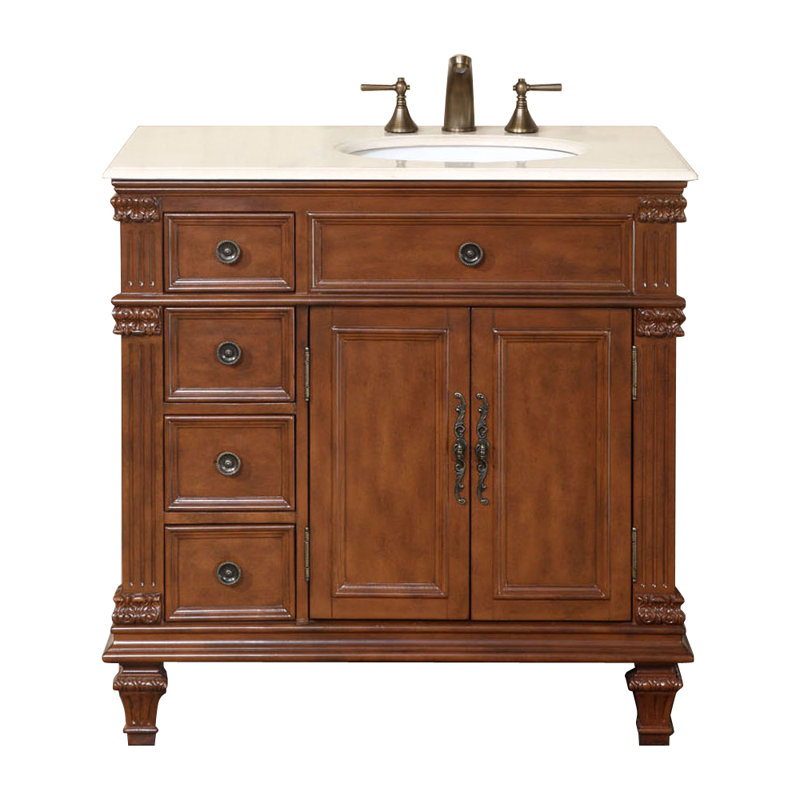 Albieris 36'' Single Bathroom Vanity with Top, Sink on the Right, Cream Marfil Marble Stone