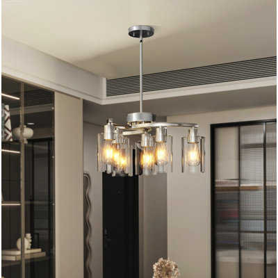 6-Light Modern Farmhouse Kitchen Chandelier with Downward Clear Glass Shades, Satin Nickel