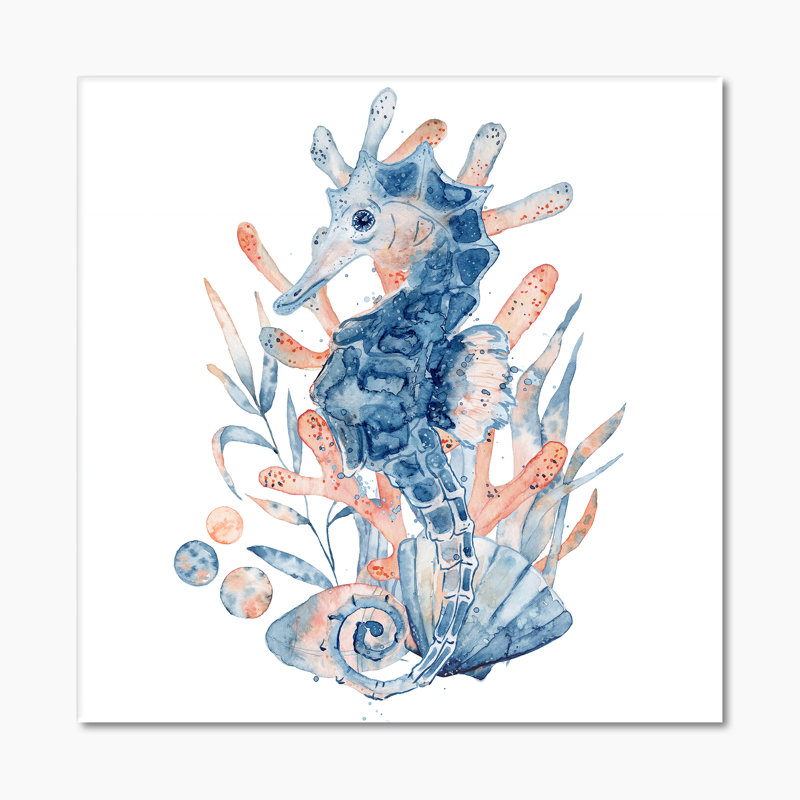22_Hippocampe en bleu avec composition florale - impression sur toile nautique et côtière, H 30 po x l 30 po x P 1 po