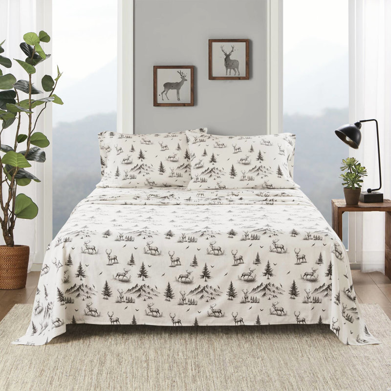4 pièces de drap-housse en cerf gris 100% flanelle de coton pour lit simple / double 12 po (grand / très grand) / 14 po de profondeur avec 2 taies d'oreiller élastiques lavables à la machine - pas de problème pour les matelas 1 facile d'entretien