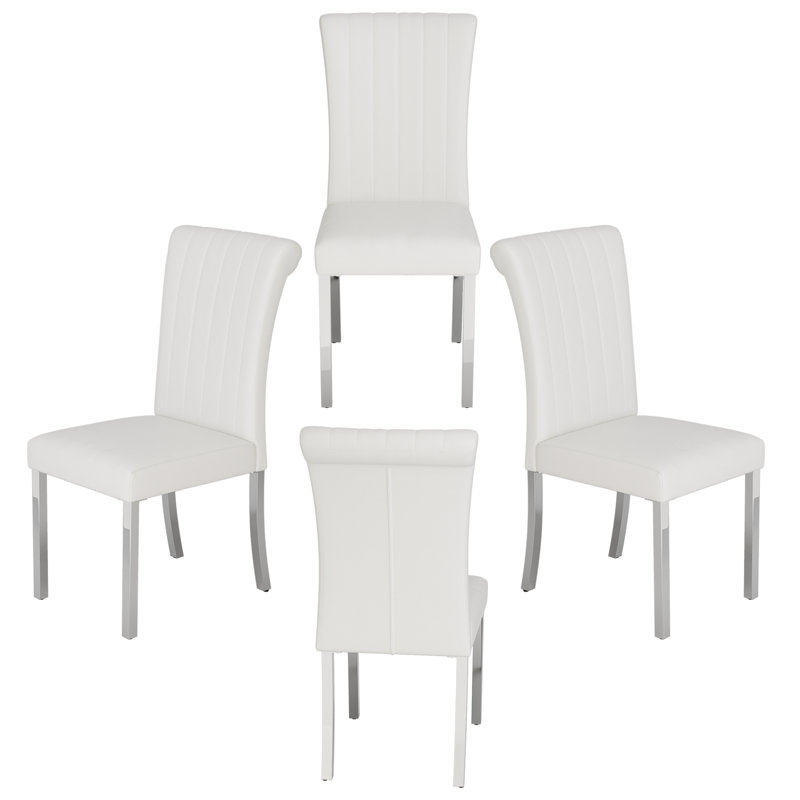 White Leather Dining Chairs With Mirrored Silver Legs Set Of 4