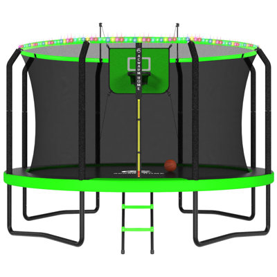 Acwarm Home 2026 14Ft Green Trampoline – 1500Lbs Cap, Astm, With Led Light Basketball Set, Net, Ladder & Pad