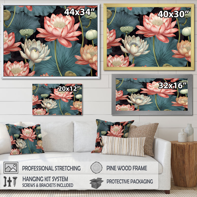 «Red Green Lotus Ponds I», reproduction sur toile, Toile noire, H 16 po x l 32 po x P 1 po