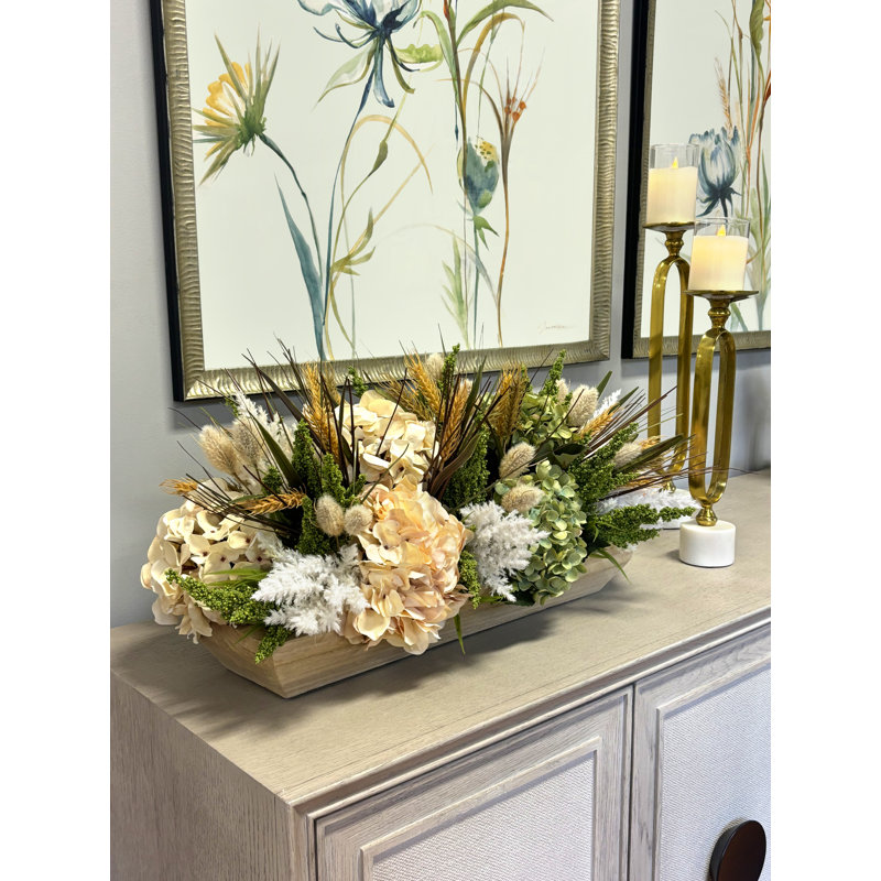 Assorted Hydrangea, Heather, Pampas And Wheat In A Oblong Wooden Container, Brown