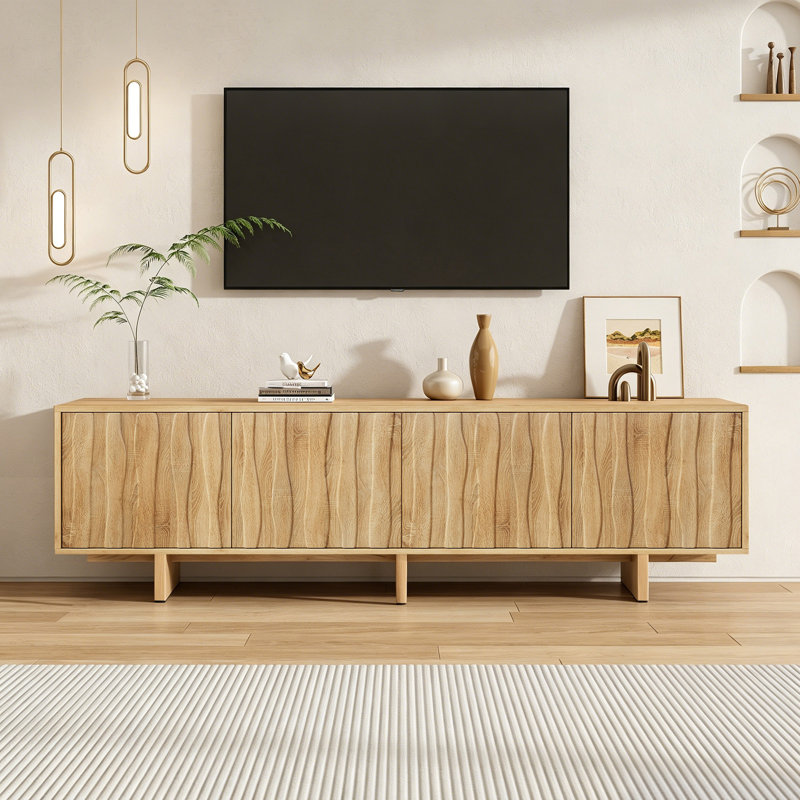 Retro Wood Grain TV Stand for 75" TVs - Rustic Media Console with Wavy Doors, Ample Storage, Sturdy Base & Cable Management, Eco-Friendly for Living Room Bedroom