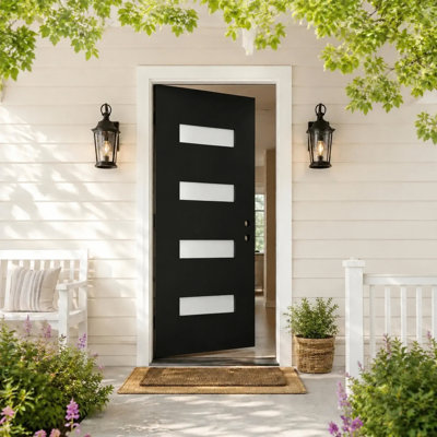 Contemporary 4-lite Fiberglass Entry Door Slab, Black Frosted Glass,Left Inswing