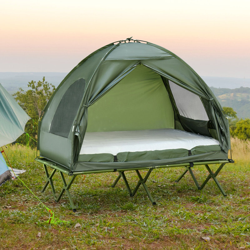 Lit de camp pliable pour 2 personnes avec tente, couvre-lit et matelas gonflable épais Outsunny