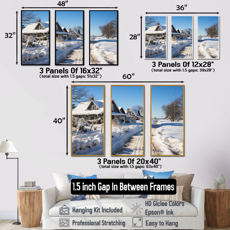«Snowy Country Road I - Winter Mountains», art mural, Cadre flottant noir, H 28 po x l 36 po x P 1 po