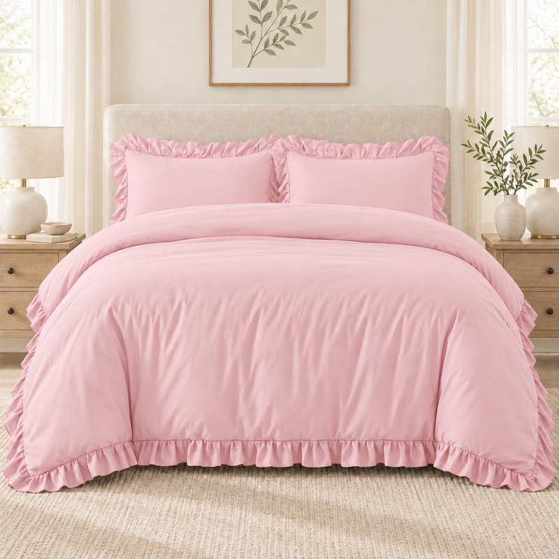 Andency Pink Comforter Set Queen Size, 3 Pieces Solid Pink Ruffle Comforter Set for Queen Bed, All Season Vintage Rustic Soft Microfiber Bedding Set for Women Girls