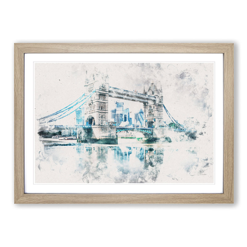 London Bridge Watercolour - Picture Frame Graphic Art Print, Oak Framed, 45cm H x 63cm W x 2cm D