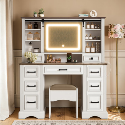 47" Makeup Vanity Set With Stool, Sliding LED Mirror Storage, Wood, Two-Tone Finish, Modern Farmhouse, Bedroom
