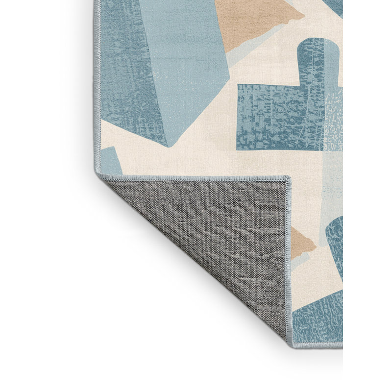 Tapis abstrait moderne et contemporain lavable à la machine à motif de Hanoukka beige - reliure bleu ciel, 3 X 5