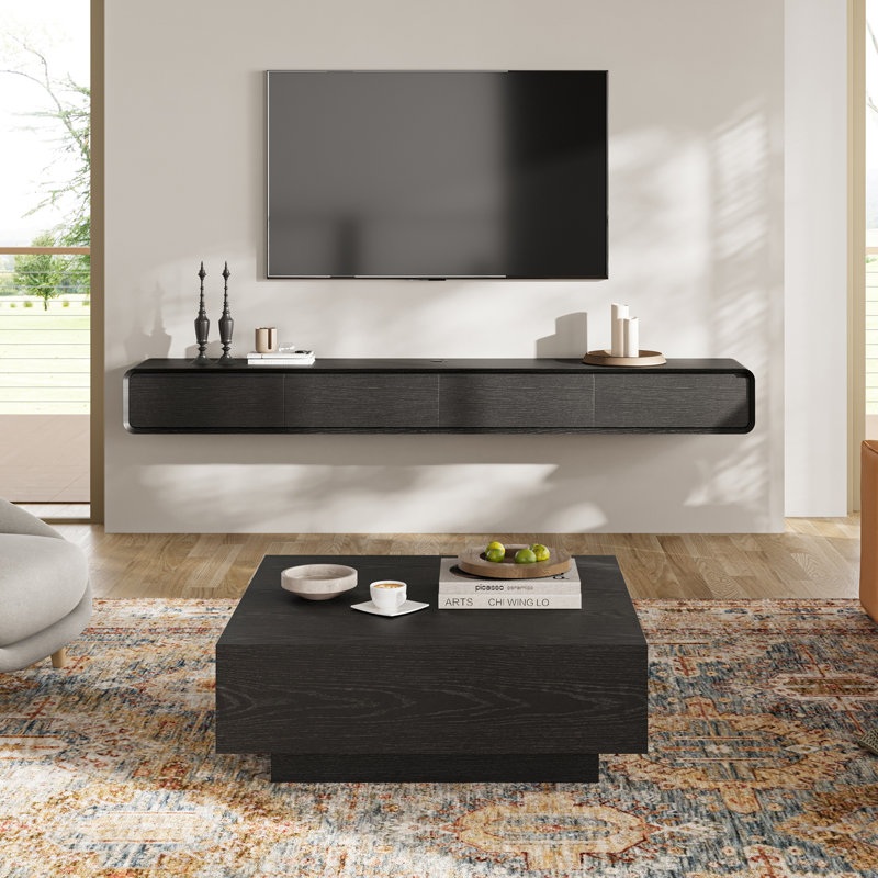 Meuble télé flottant avec table basse carrée 39,37 po Blosse, entièrement assemblé, Noir, H 9,84 po x L 14,57 po x l 94,48 po
