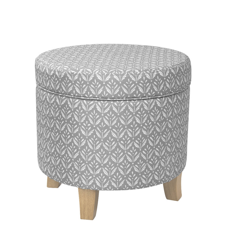 Repose-pieds rond avec rangement Loni, tissu à motif gris 19 po, bois brun