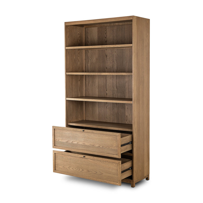 Millie Bookcase-Drifted Matte Black Veneer, Drifted Oak Solid