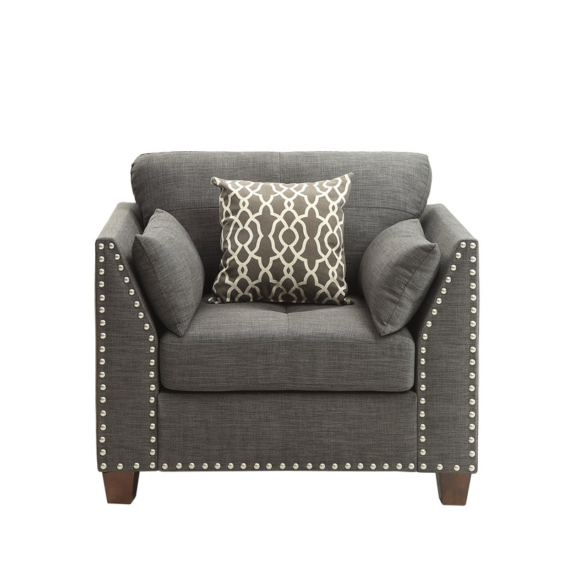 Chaise en lin gris anthracite avec 3 coussins, siège à ressorts ensachés, pieds en bois, garniture cloutée, siège sans bouton, structure en eucalyptus, accents