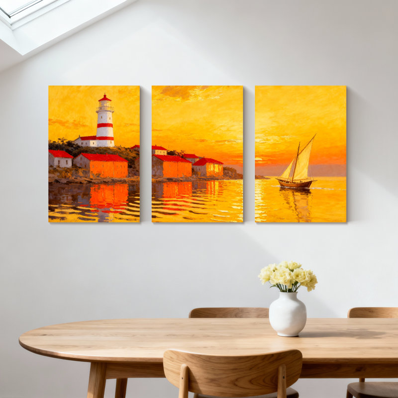 Nautique, coucher de soleil, phare, voilier côtier, reflets, eau, ciel, ensemble de 3 impressions sur toile