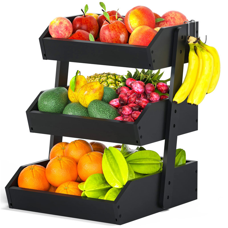 Black Three-Tier Bamboo Kitchen Fruit Storage Basket with Banana Hangers