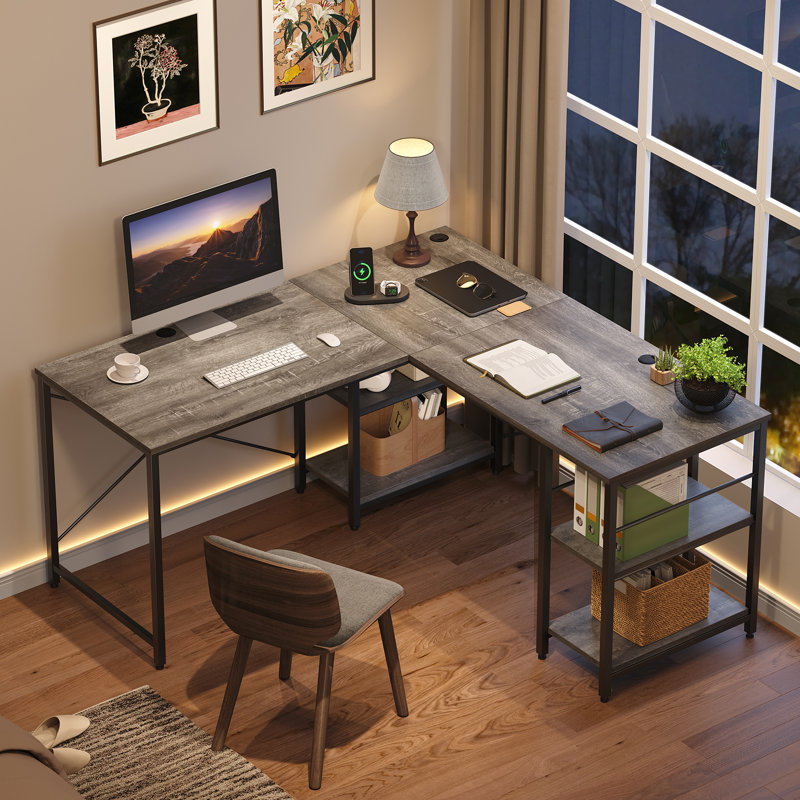 Bureaux en L 95,2 po avec tablettes, bureau d'ordinateur de coin réversible ou table longue pour 2 personnes Nedyo, gris