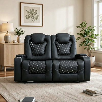 58" Power Reclining Loveseat with USB & Type-C Ports, Black Faux Leather Recliner Sofa with Cup Holders & Hidden Armrest Storage, Quilted Stitching, for Living Room & Home Theater