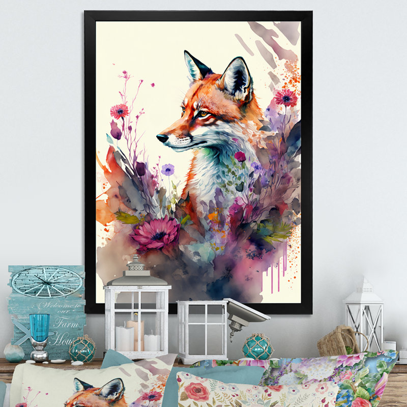 «Cute Fox Floral Art II», peinture sur toile, H 20 po x l 12 po x P 1 po, Impression noire sur toile encadrée