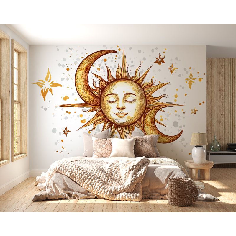 Adhésif mural céleste céleste soleil et lune - Boho or au-dessus du lit au-dessus de la chambre à coucher, décalque mural 065Mv