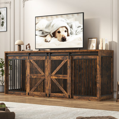 87"W Dog Crate Furniture, Farmhouse Wooden Dog Kennel TV Stand, With Sliding Metal Mesh Barn Door, Large Dog Crate Furniture For 2 Dogs, Metal Tube & 2 Lockable Doors