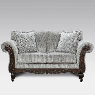 Wood Frame Sitting , Gray And , Soft Upholstery, Panels, Dark Cherry Feet, High Foam, Matching Pillows Accompanied & Microfiber Rolled , Tone, Foam Padding, Supplied