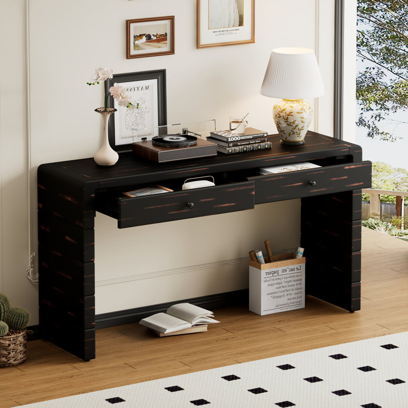 Curved Console Table with Storage, Distressed Black