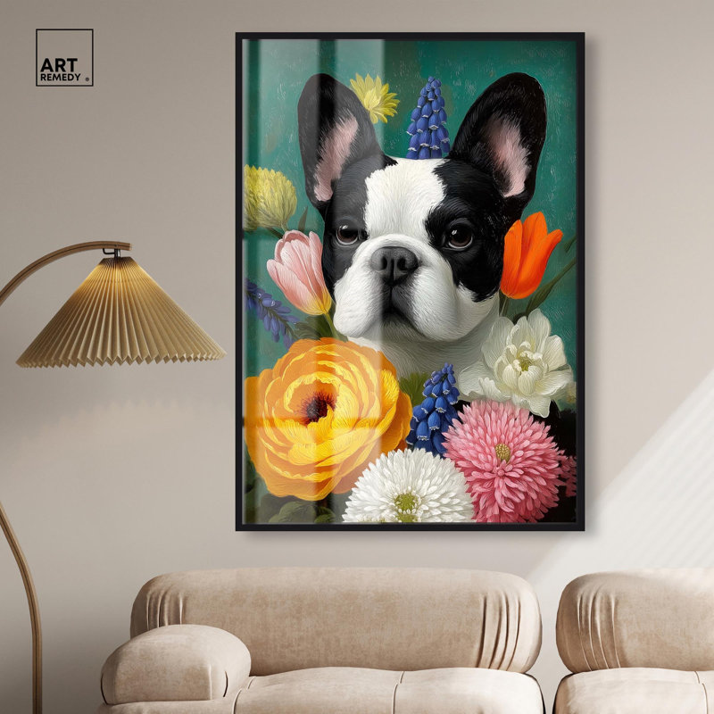 «Secret Garden Frenchie Shadowbox Print» par Art Remedy, H 55 po x l 37 po, Noir