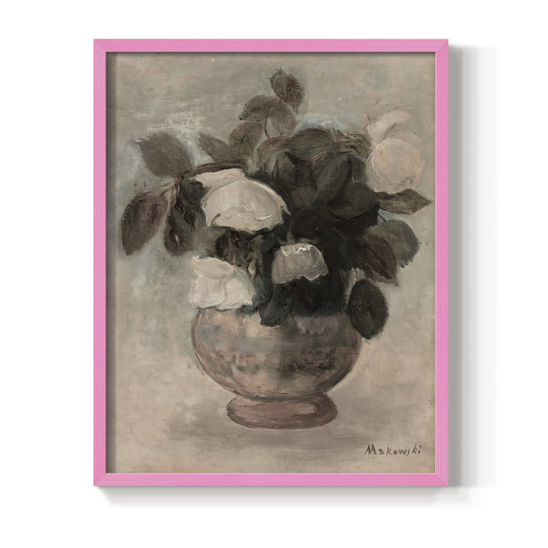 Impression florale vintage encadrée XCVI - bois massif, Rose, H 15 po x l 12 po
