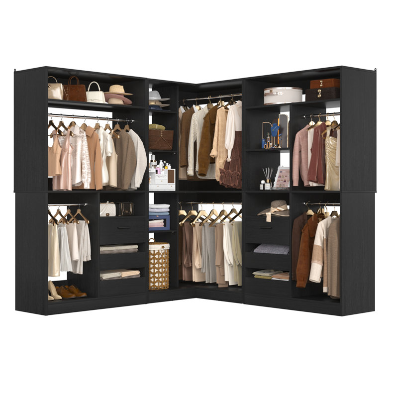72"-108"Closet System With Drawers And Rods, Black