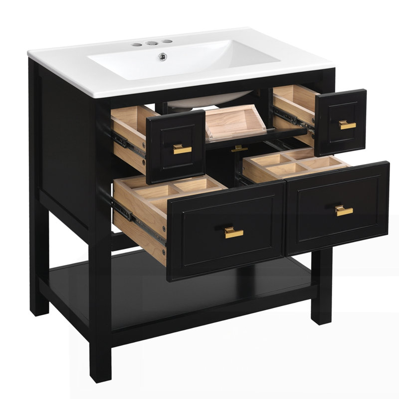 Ensemble de meuble-lavabo simple autoportant avec 5 tiroirs, Noir