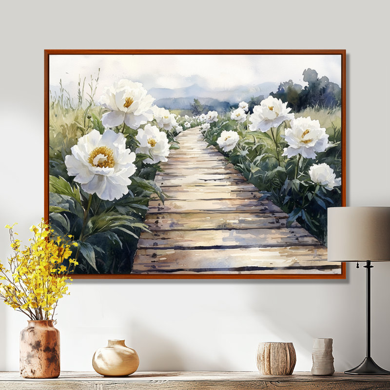 Pivoines le long de l'allée en bois II - pivoines, art mural, H 30 po x l 40 po, Brun, Impression encadrée flottante