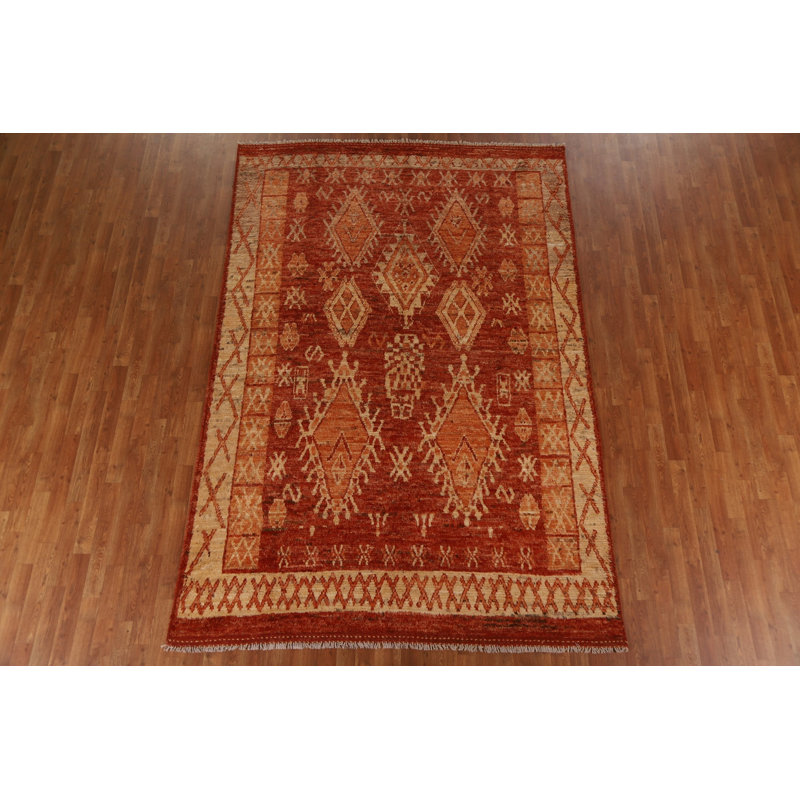 Tapis rouille en laine noué à la main de conception unique 6 pi 7 po x 9 pi 11 po New Age