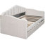 Lit de jour simple rembourré beige avec lit gigogne, canapé-lit en velours, accoudoir à chargement, tête de lit confortable, dossier à rayures verticales, rangement pour lit à livres