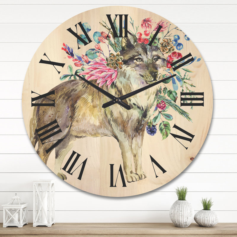Horloge murale loup avec fleurs en bois, Très grand