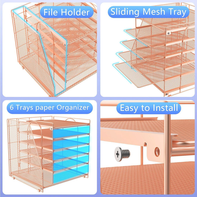Rose Gold 6-Tier Desk Organizer for Women: With Magazine Rack & Office Desk Decor, Rose Gold