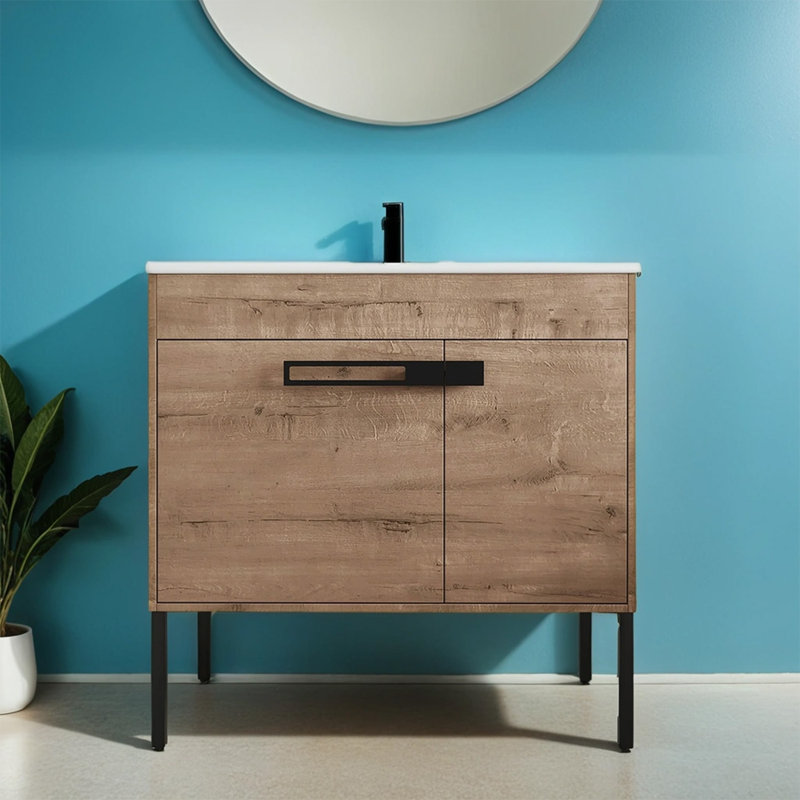 Mossey 36.04 " W Free Standing Wall Mounted Single Double Single Vanity Bathroom Vanity With Ceramic Top, Brown