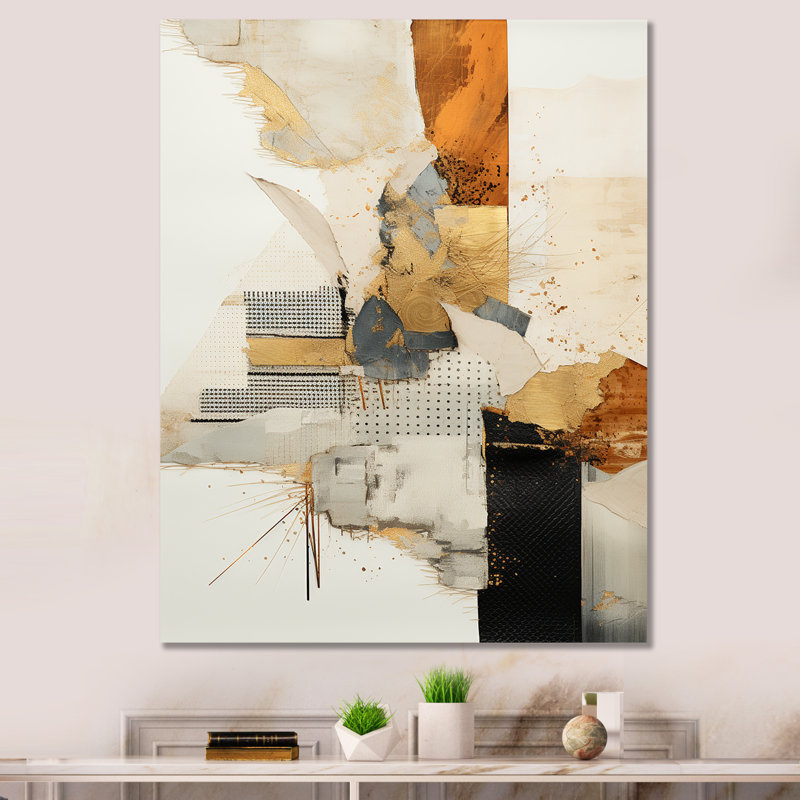 «Gold and Grey Sunset Collage IV - Abstract Collages», art mural encadré, Toile tendue, H 32 po x l 24 po x P 1 po