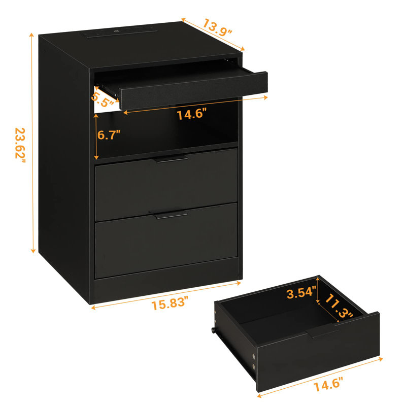 Nightstand With Wireless Charging Station And LED Lights, Bedside Table With 2 Drawers, Open Storage, 1 Pull-Out Tray, End Side Table With Charging Station, LED Night Stand With Storage,(Black)