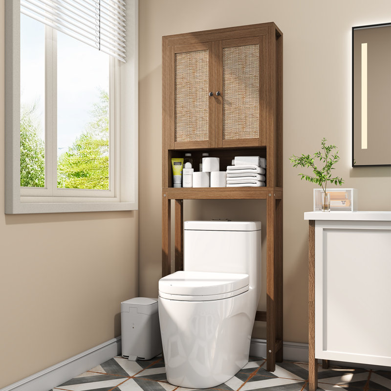 Rattan Over The Toilet Storage Cabinet, Above Toilet Bathroom Organizer With Adjustable Shelf, Behind Toilet Cabinet, Space Saver For Restroom, Bathroom, Laundry, Caramel Oak