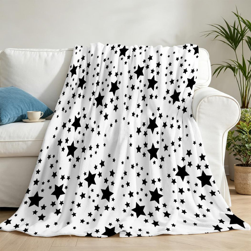 Jeté en molleton blanc ultra doux en flanelle à motif d'étoile noire, Jeté 50 po x 60 po