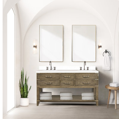 Meuble-lavabo double en chêne gris 60 po, profondeur 22 po, comptoir en quartz blanc, robinet 28 po - Décoration de salle de bain 60 po x 22 po, robinet poli