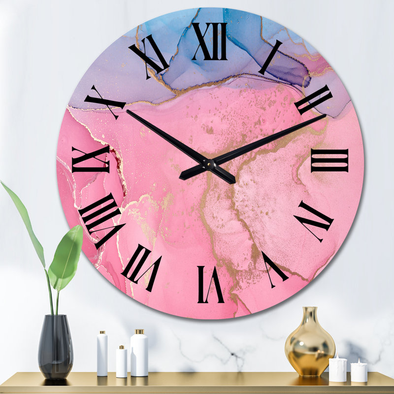 Art à l'encre rose rose avec horizon bleu - horloge murale moderne, Grand