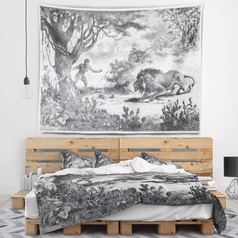 Lion mangeant la tapisserie de l'homme Animal, H 32 po x l 39 po