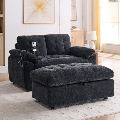 Leisure Double Sofa Recliner With Adjustable Backrest, USB Charging, Phone Stand, And Storage Ottoman - Black