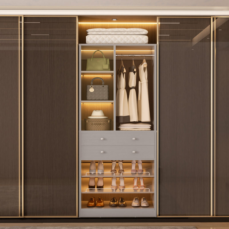 8.8 Ft Closet Organizer With 2 Wooden Drawers And 1 Rod, Gray