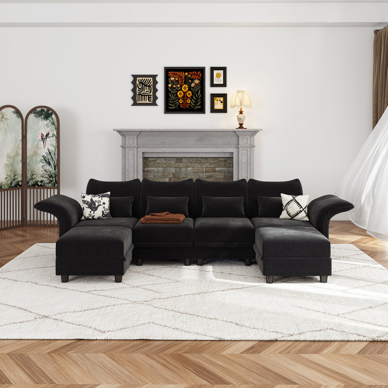 Harlaii 102'' 6 - Piece Upholstered Sectional With Storage, Black Chenille